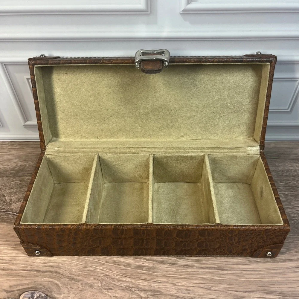 Watch Box Brown Faux Croc Embossed 4-Slot Travel Accessory Case Organizer